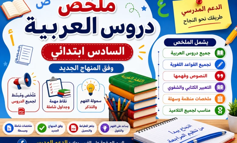 ملخص دروس اللغة العربية – المستوى السادس ابتدائي (PDF)